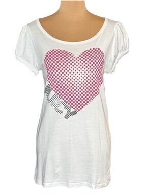 VTG Y2K Juicy Couture Graphic Tee Sz.L White Metallic Heart Logo Puff Sleeve